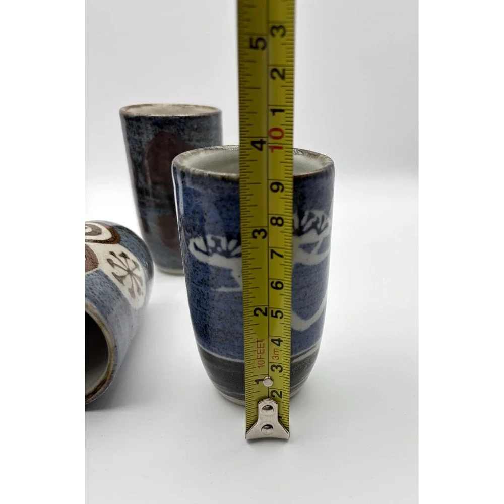 Studio Pottery Stoneware‎ Yunomi Tea Cups Set of 6 Blue Glaze Hand Painted Decor